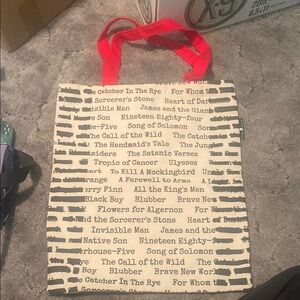 Red and Cream Book Title Tote Bag